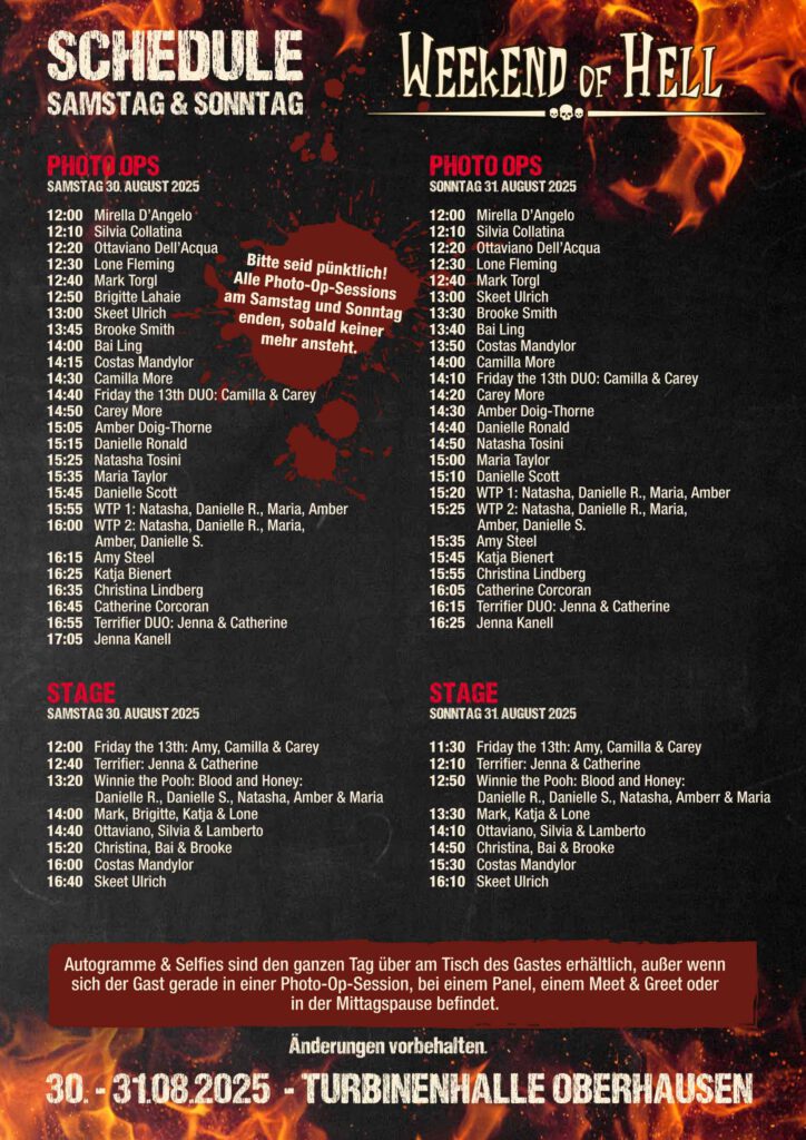 WoH_Final_Schedule_SocialMedia Schedule - Programmplan für die Weekend of Hell 2025 in der Turbinenhalle Oberhausen